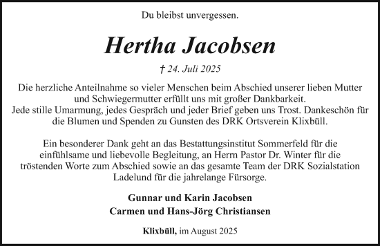 Traueranzeige von Hertha Jacobsen von Region Flensburg