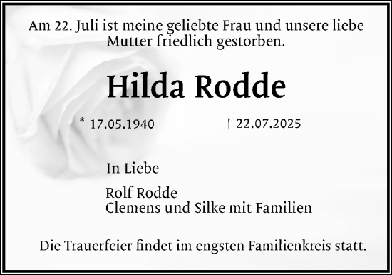 Traueranzeige von Hilda Rodde von Region Pinneberg und tip Pinneberg