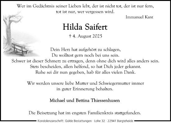 Traueranzeige von Hilda Saifert von MARKT Ahrensburg/Bargteheide/Trittau und Stormarner Tageblatt