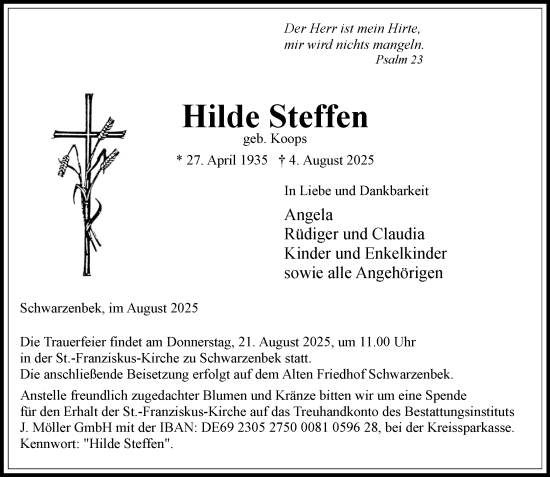 Traueranzeige von Hilde Steffen von Wochenend Anzeiger