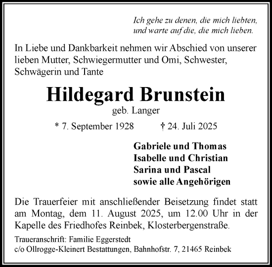 Traueranzeige von Hildegard Brunstein von MARKT Glinde/Reinfeld