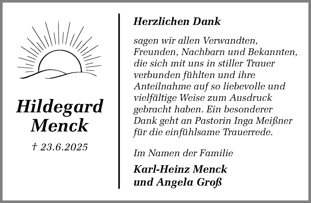  Traueranzeige für Hildegard Menck vom 09.08.2025 aus MARKT Ratzeburg/Mölln
