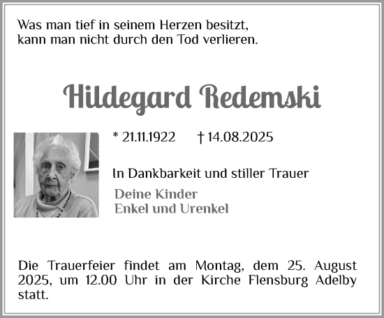 Traueranzeige von Hildegard Redemski von Flensburger Tageblatt