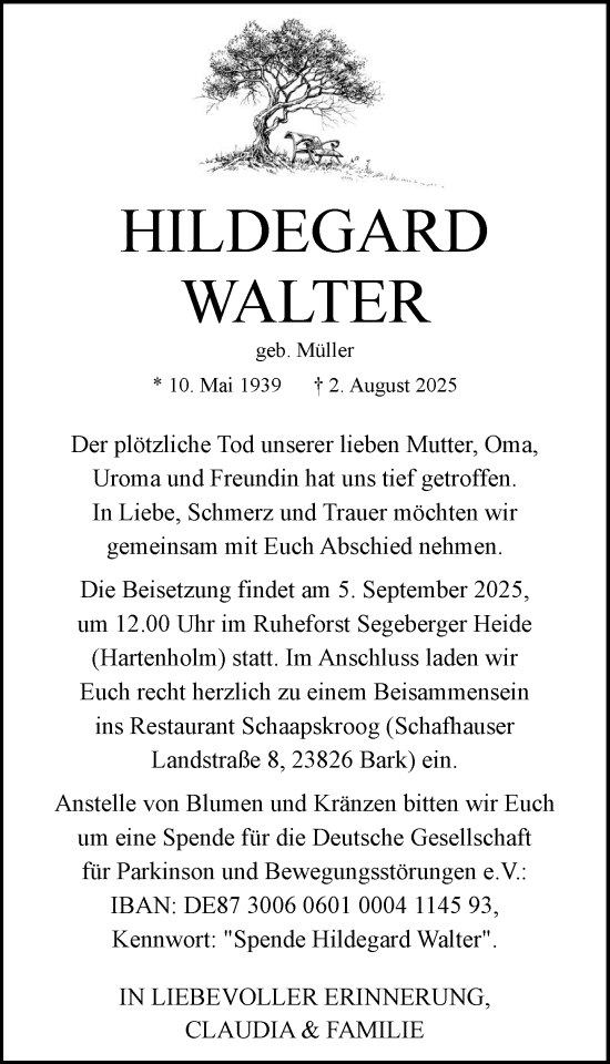 Traueranzeige von Hildegard Walter von Umschau