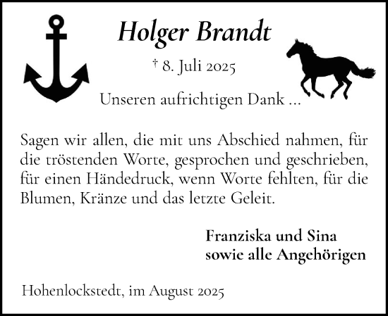 Traueranzeige von Holger Brandt von Norddeutsche Rundschau, Wilstersche Zeitung, Glückstädter Fortuna