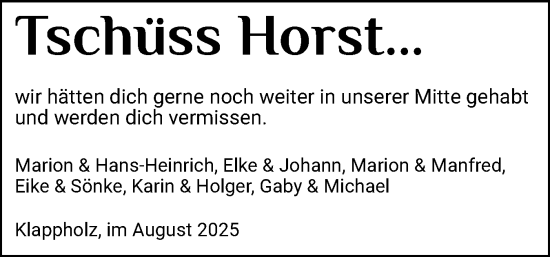 Traueranzeige von Horst  von Schleswiger Nachrichten, Schlei-Bote