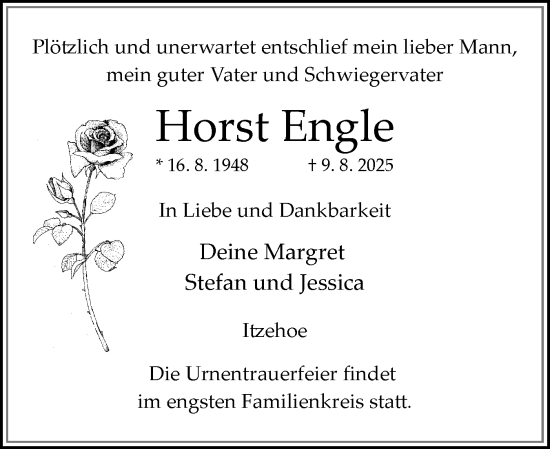 Traueranzeige von Horst Engle von Norddeutsche Rundschau, Wilstersche Zeitung, Glückstädter Fortuna