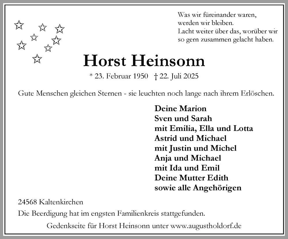  Traueranzeige für Horst Heinsonn vom 09.08.2025 aus Umschau