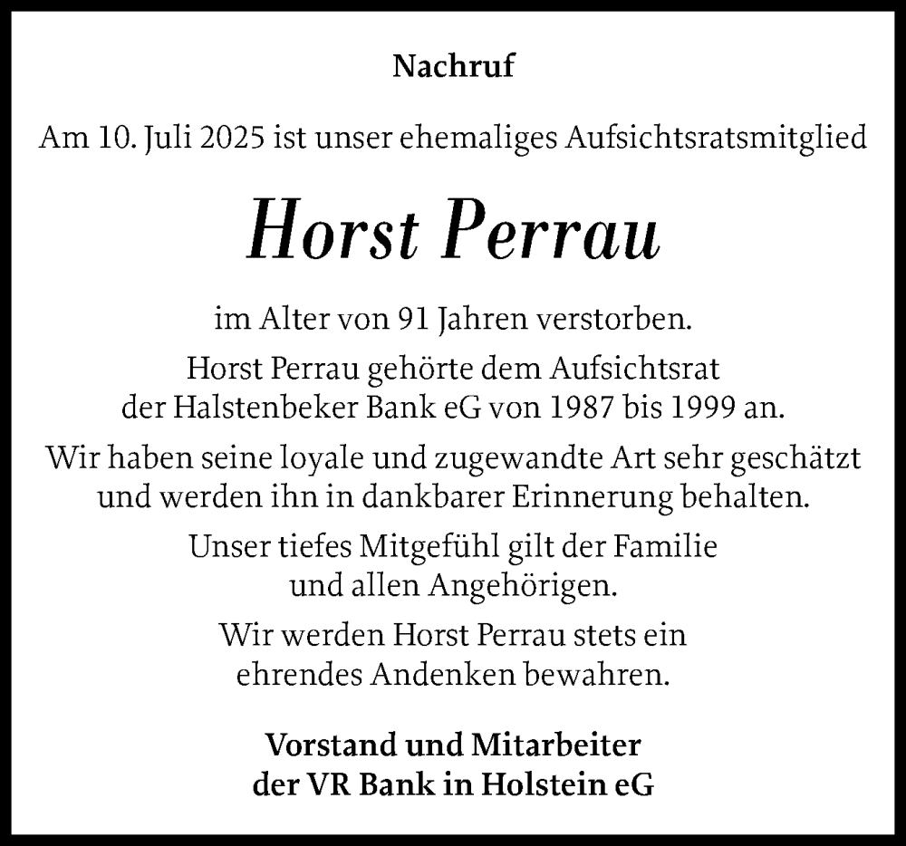  Traueranzeige für Horst Perrau vom 09.08.2025 aus Region Pinneberg und tip Pinneberg