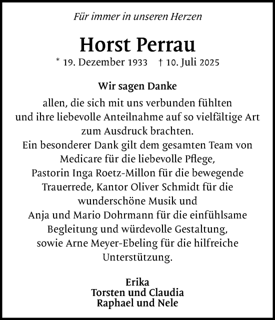 Traueranzeige von Horst Perrau von Region Pinneberg und tip Pinneberg