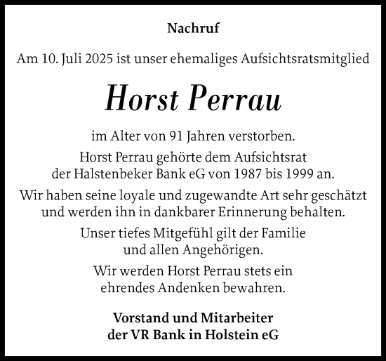Traueranzeige von Horst Perrau von Region Pinneberg und tip Pinneberg