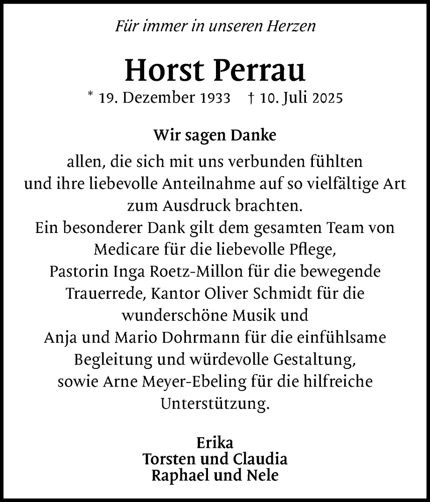  Traueranzeige für Horst Perrau vom 16.08.2025 aus Region Pinneberg und tip Pinneberg