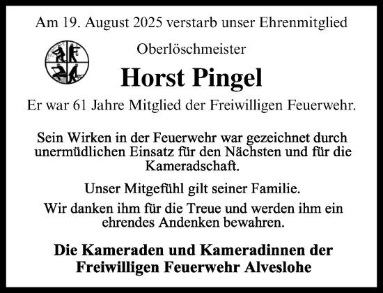 Traueranzeige von Horst Pingel von Umschau
