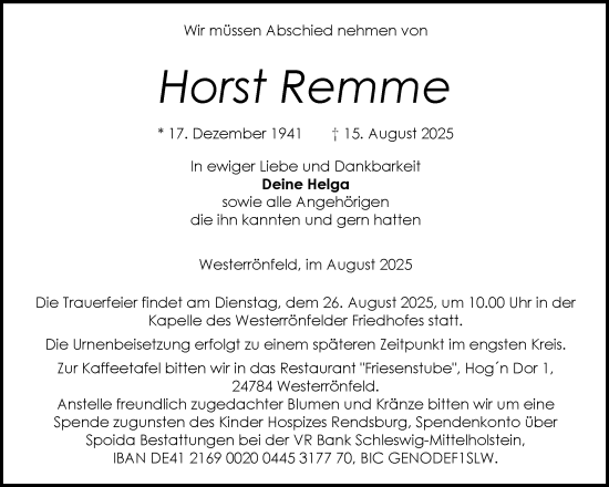 Traueranzeige von Horst Remme von Schleswig-Holsteinische Landeszeitung
