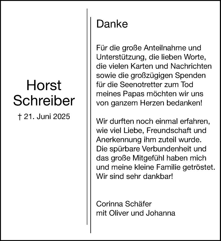  Traueranzeige für Horst Schreiber vom 02.08.2025 aus MARKT Ahrensburg/Bargteheide/Trittau und Stormarner Tageblatt