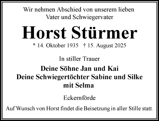 Traueranzeige von Horst Stürmer von Eckernförder Zeitung, Hallo Eckernförde