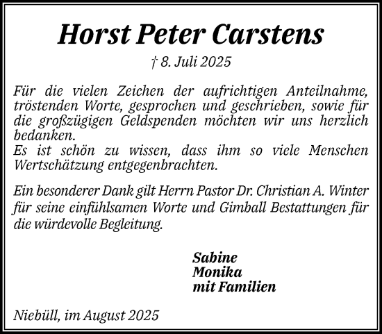Traueranzeige von Horst Peter Carstens von Husumer Nachrichten, Nordfriesland Tageblatt