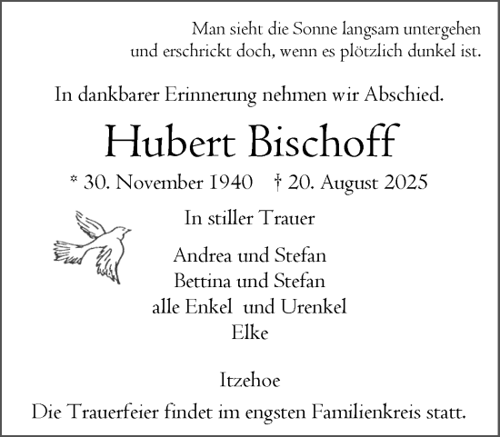 Traueranzeige von Hubert Bischoff von Norddeutsche Rundschau, Wilstersche Zeitung, Glückstädter Fortuna