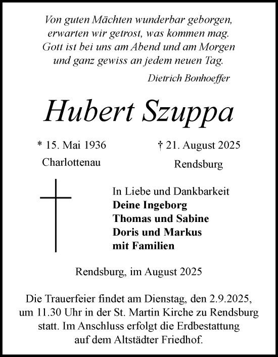Traueranzeige von Hubert Szuppa von Schleswig-Holsteinische Landeszeitung