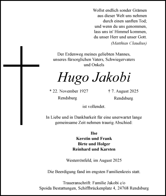 Traueranzeige von Hugo Jakobi von Schleswig-Holsteinische Landeszeitung