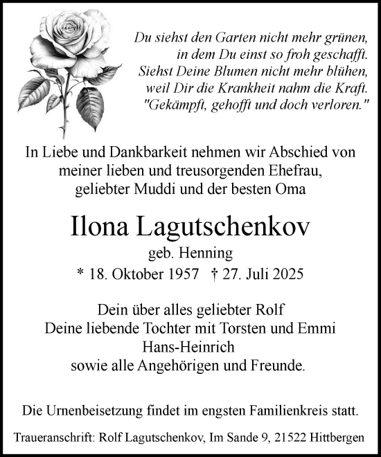 Traueranzeige von Ilona Lagutschenkov von Wochenend Anzeiger