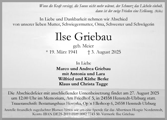Traueranzeige von Ilse Griebau von Umschau