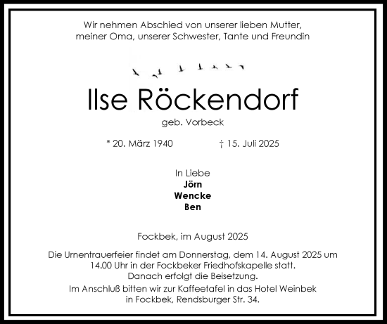 Traueranzeige von Ilse Röckendorf von Schleswig-Holsteinische Landeszeitung
