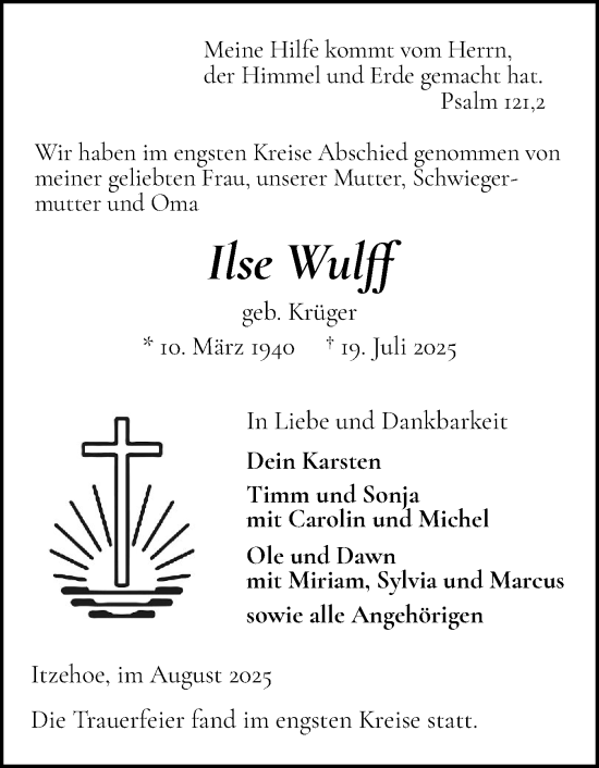Traueranzeige von Ilse Wulff von Norddeutsche Rundschau, Wilstersche Zeitung, Glückstädter Fortuna