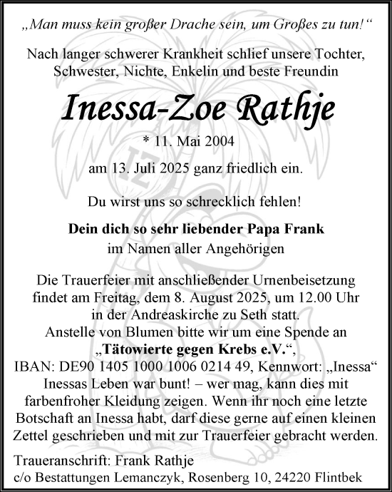 Traueranzeige von Inessa-Zoe Rathje von MARKT Bad Oldesloe/Reinfeld und Stormarner Tageblatt