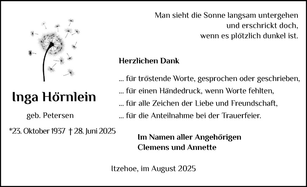  Traueranzeige für Inga Hörnlein vom 02.08.2025 aus Norddeutsche Rundschau, Wilstersche Zeitung, Glückstädter Fortuna