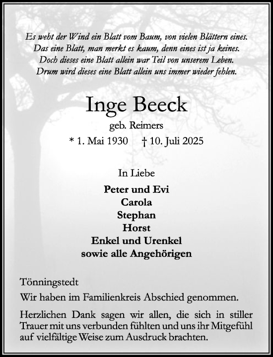 Traueranzeige von Inge Beeck von MARKT Ahrensburg/Bargteheide/Trittau und Stormarner Tageblatt