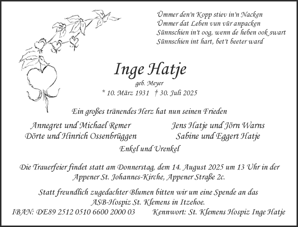  Traueranzeige für Inge Hatje vom 09.08.2025 aus tip Gesamtausgabe