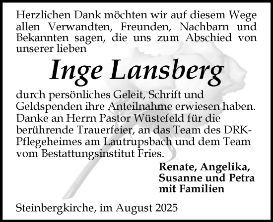 Traueranzeige von Inge Lansberg von Flensburger Tageblatt