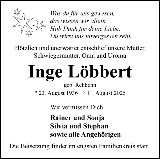 Traueranzeige von Inge Löbbert von Eckernförder Zeitung, Hallo Eckernförde