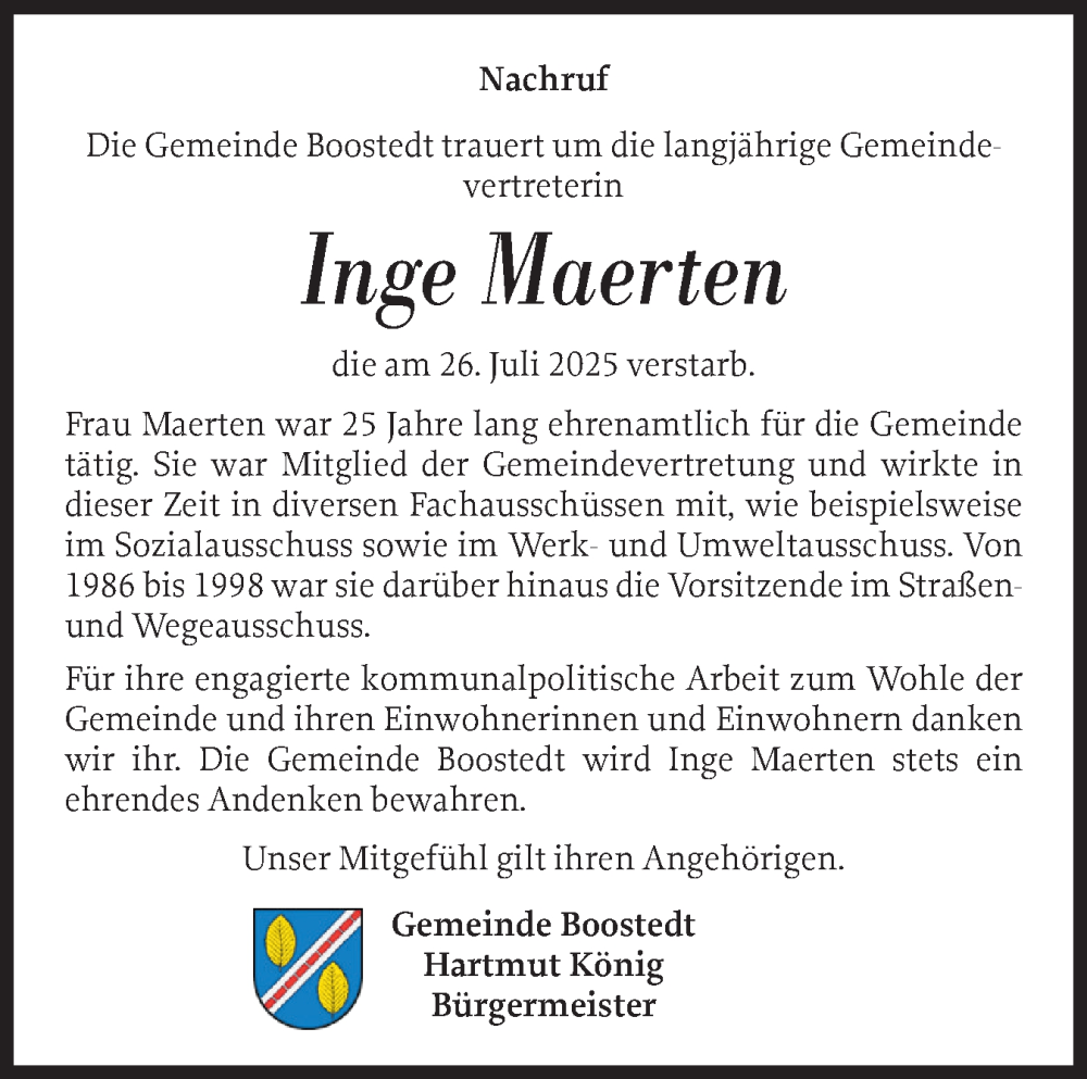  Traueranzeige für Inge Maerten vom 16.08.2025 aus Holsteinischer Courier