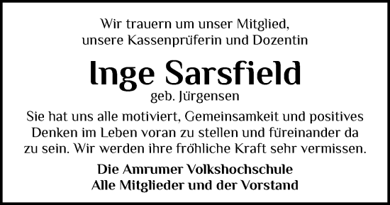 Traueranzeige von Inge Sarsfield von Der Insel-Bote