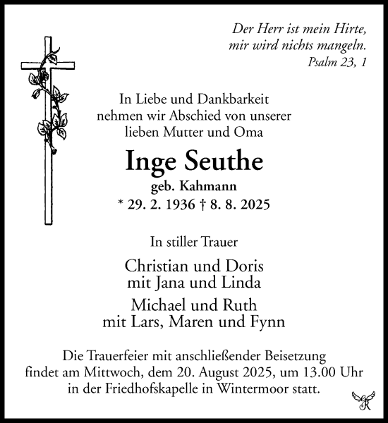 Traueranzeige von Inge Seuthe von MARKT Ahrensburg/Bargteheide/Trittau und Stormarner Tageblatt