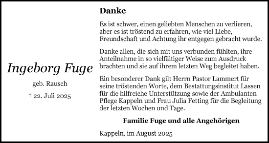 Traueranzeige von Ingeborg Fuge von Schleswiger Nachrichten, Schlei-Bote
