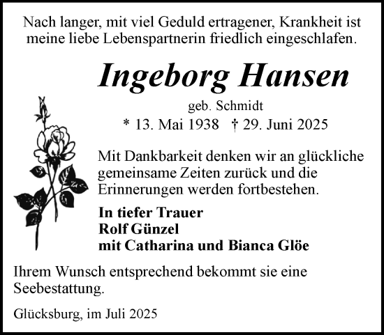 Traueranzeige von Ingeborg Hansen von Flensburger Tageblatt