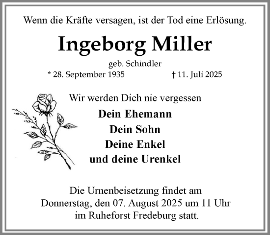 Traueranzeige von Ingeborg Miller von MARKT Ratzeburg/Mölln