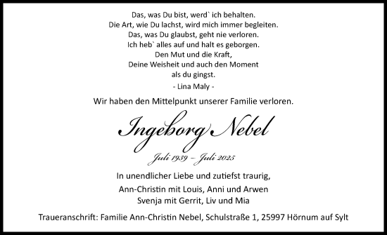 Traueranzeige von Ingeborg Nebel von Sylter Rundschau