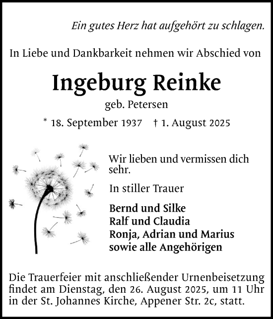 Traueranzeige von Ingeburg Reinke von Region Pinneberg und tip Pinneberg