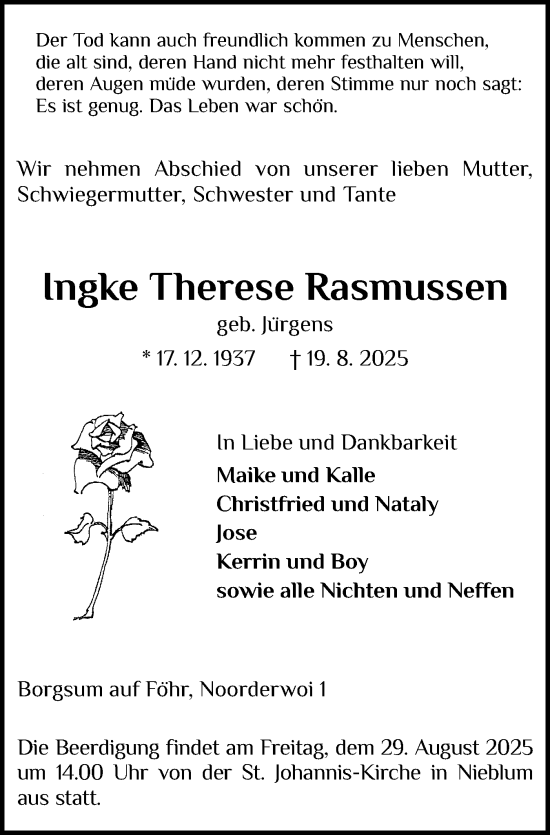 Traueranzeige von Ingke Therese Rasmussen von Der Insel-Bote