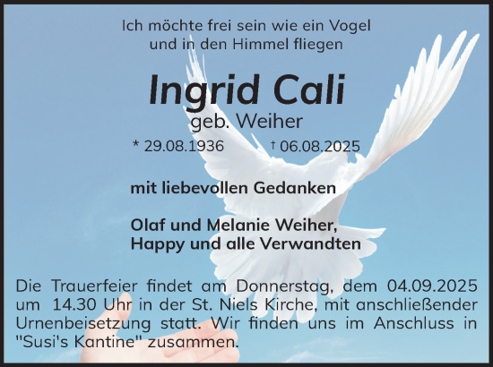 Traueranzeige von Ingrid Cali von Sylter Rundschau