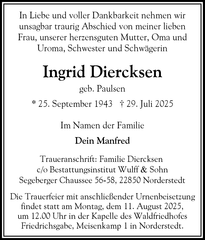  Traueranzeige für Ingrid Diercksen vom 09.08.2025 aus Der Insel-Bote