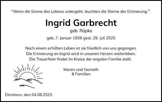 Traueranzeige von Ingrid Garbrecht von Elmshorner Nachrichten, Barmstedter Zeitung