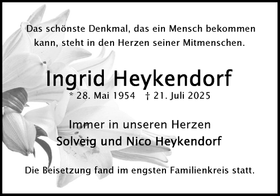 Traueranzeige von Ingrid Heykendorf von Region Pinneberg und tip Pinneberg