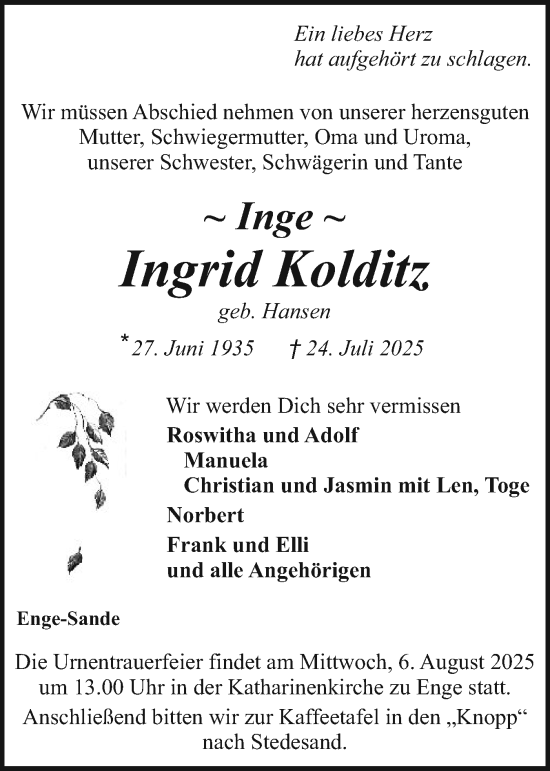Traueranzeige von Ingrid Kolditz von Husumer Nachrichten, Nordfriesland Tageblatt