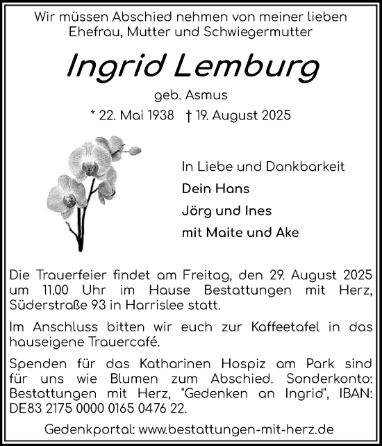 Traueranzeige von Ingrid Lemburg von Flensburger Tageblatt