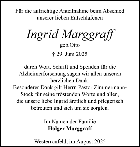 Traueranzeige von Ingrid Marggraff von Schleswig-Holsteinische Landeszeitung